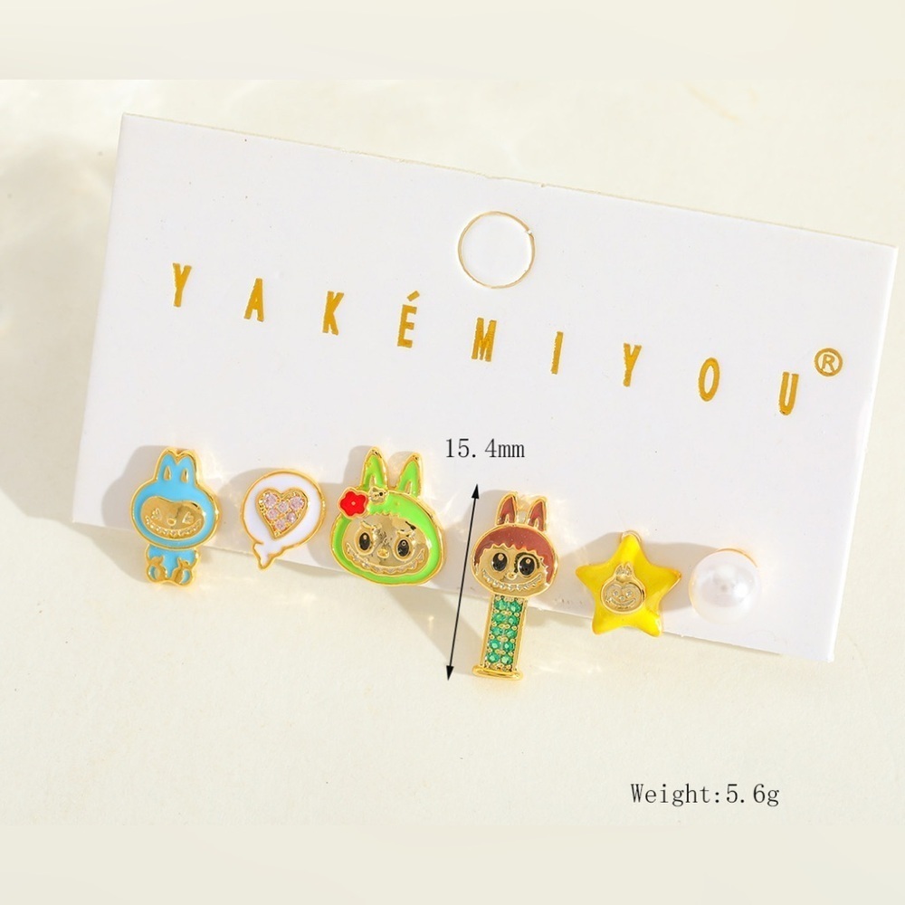 Labubu Inspired 14K Gold Monster Pez Theme Enameled Earrings Mismatched Set - Picture 4 of 6